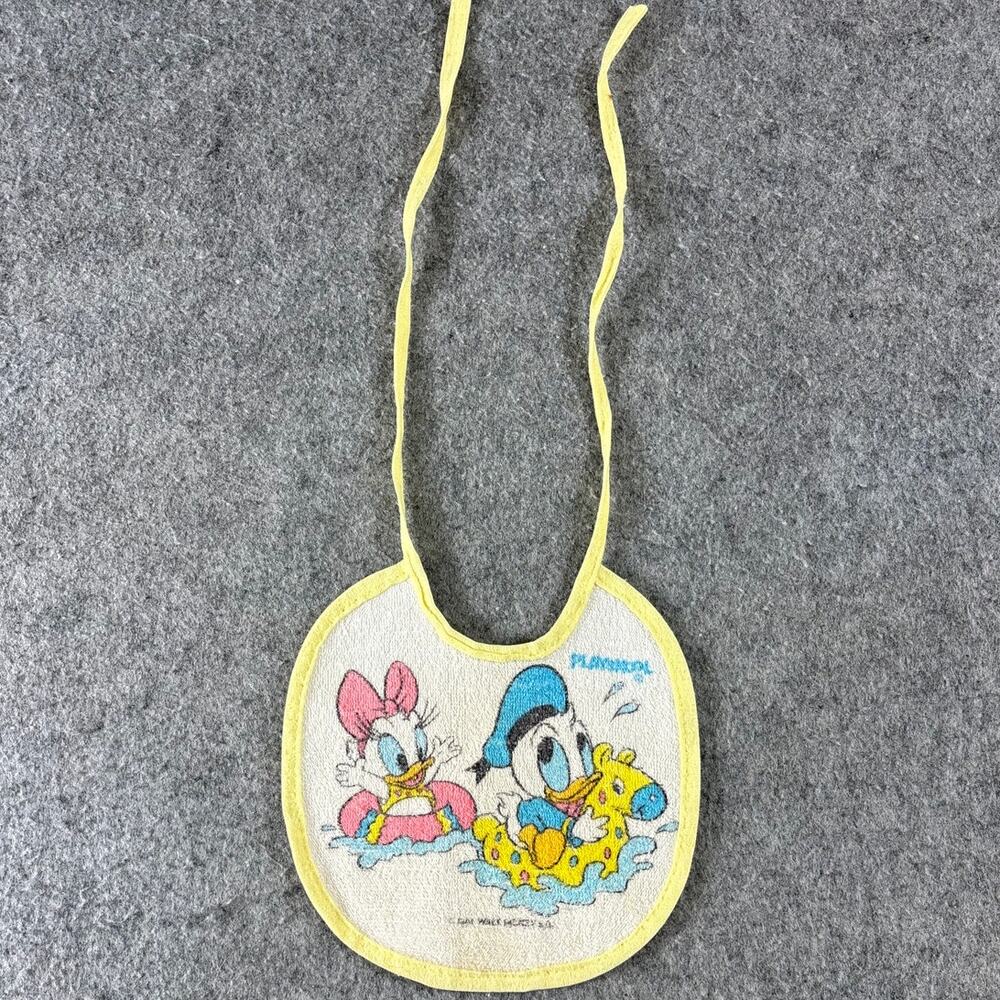 VINTAGE 80s Walt Disney Feeding Bib Baby White Donald Daisy Duck Terry Cloth